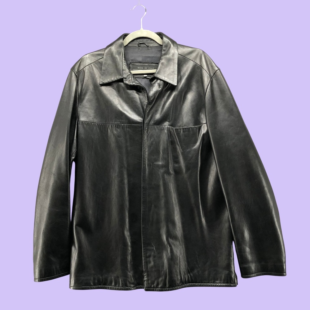 Vintage Y2K Made in Italy Black Genuine Leather Shirt Jacket Car Coat Mens L